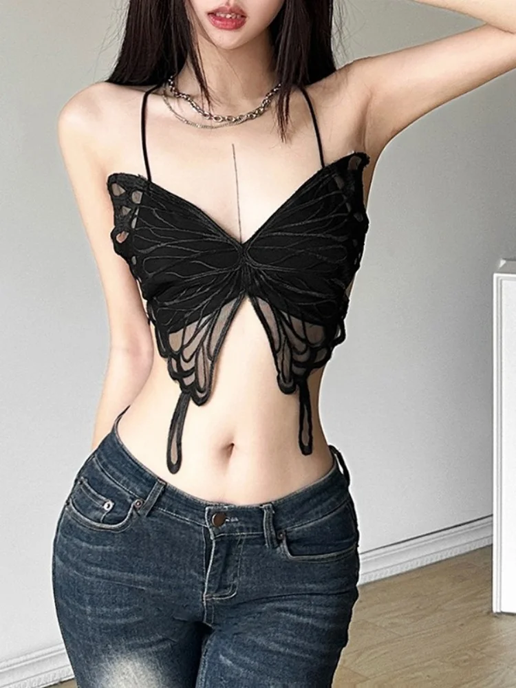 

Butterfly Halter Top Spaghetti Strap Lace-up Crop Top Women Edgy Clothes Y2k Accessories Backless Camison Verano Ropa De Mujer