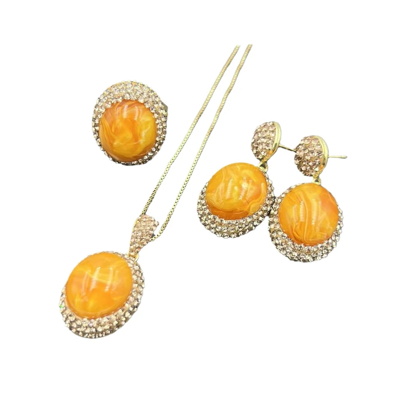 Hot 3 in 1 Jewelry Set Rhinestone Beeswax Amber Yellow Crystal Snake Necklace Dangle earrings Sets for Women Party Best Gift