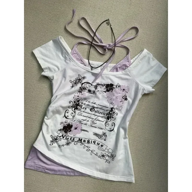 Sommer Gefälschte Zwei Stücke Halter Bandage Vintage T-shirts Y2k Ästhetischen Schlank Crop Tops Frauen Grunge Print Harajuku Casual Sexy T