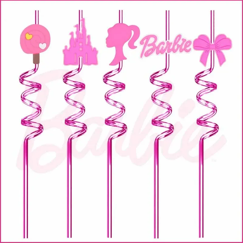 Miniso Barbie Series Straw Party Reusable Children Cartoon Plastic Creative Bending Straw Anime Decoration Christmas Supplies