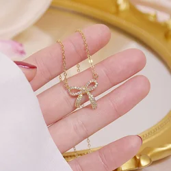 Exquisite copper inlaid zirconium sweet bow pendant necklace real gold plated sexy women prom party necklace Korean jewelry