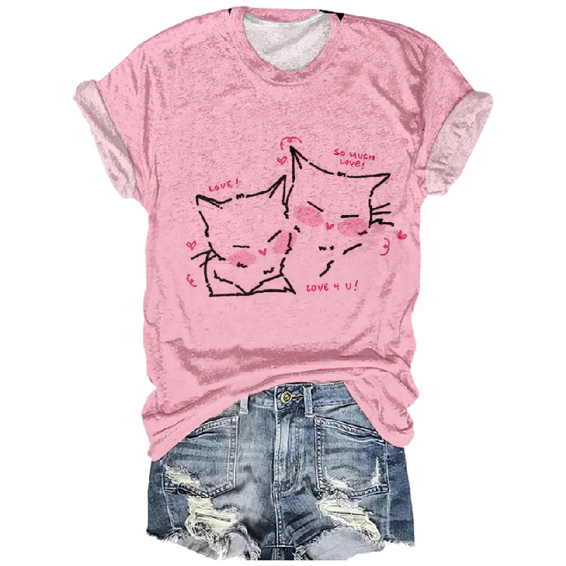 

Sweet Girls Funny Little Cat Pattern Shirt Women's Casual Simple Short Sleeved O Neck Pink T Shirt