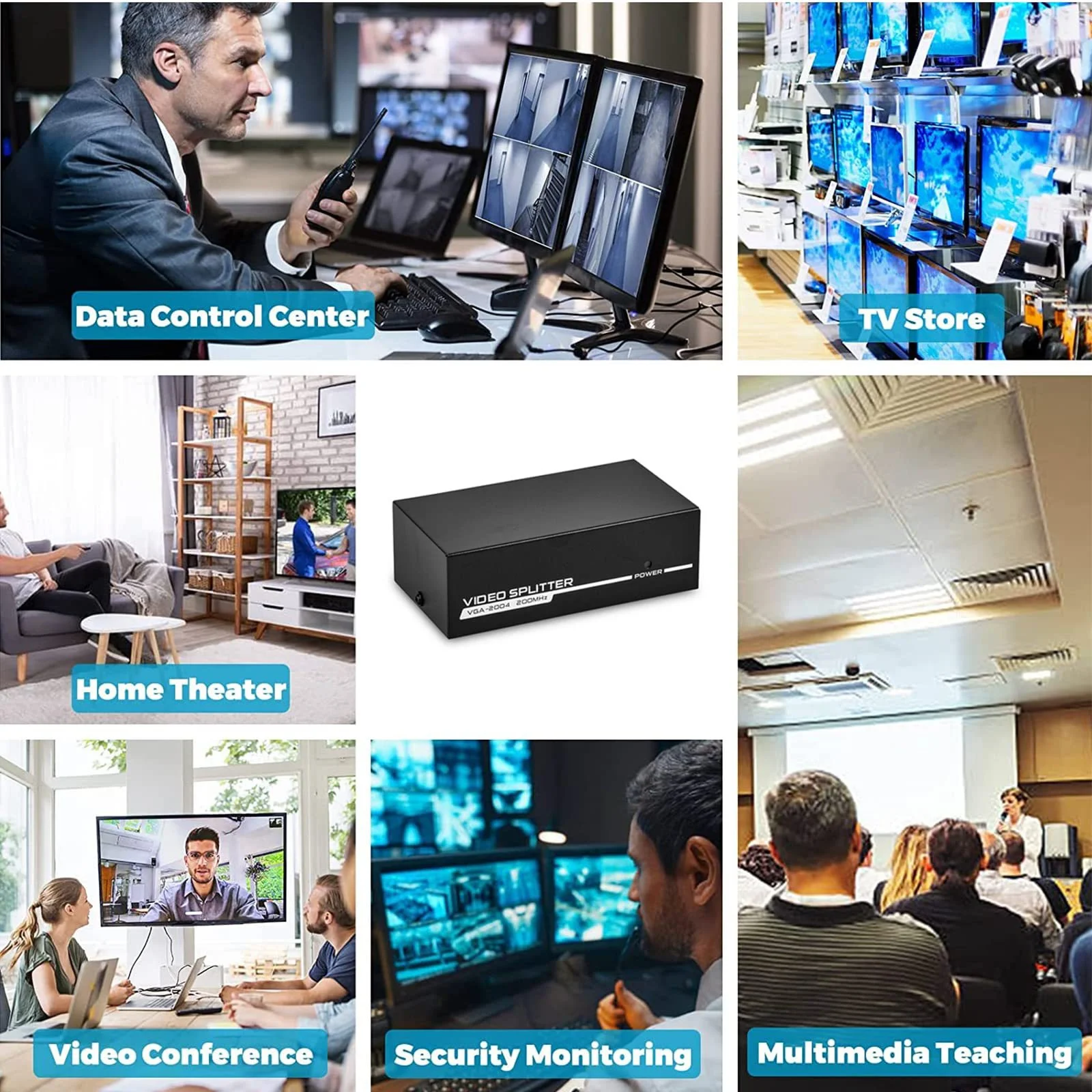 ตัวแยกสัญญาณวีจีเอ4พอร์ต1x4 1เครื่องขยายสัญญาณวิดีโอ VGA HD 200MHz รองรับ720P/1080P พร้อมไฟสำหรับ VGA adpater