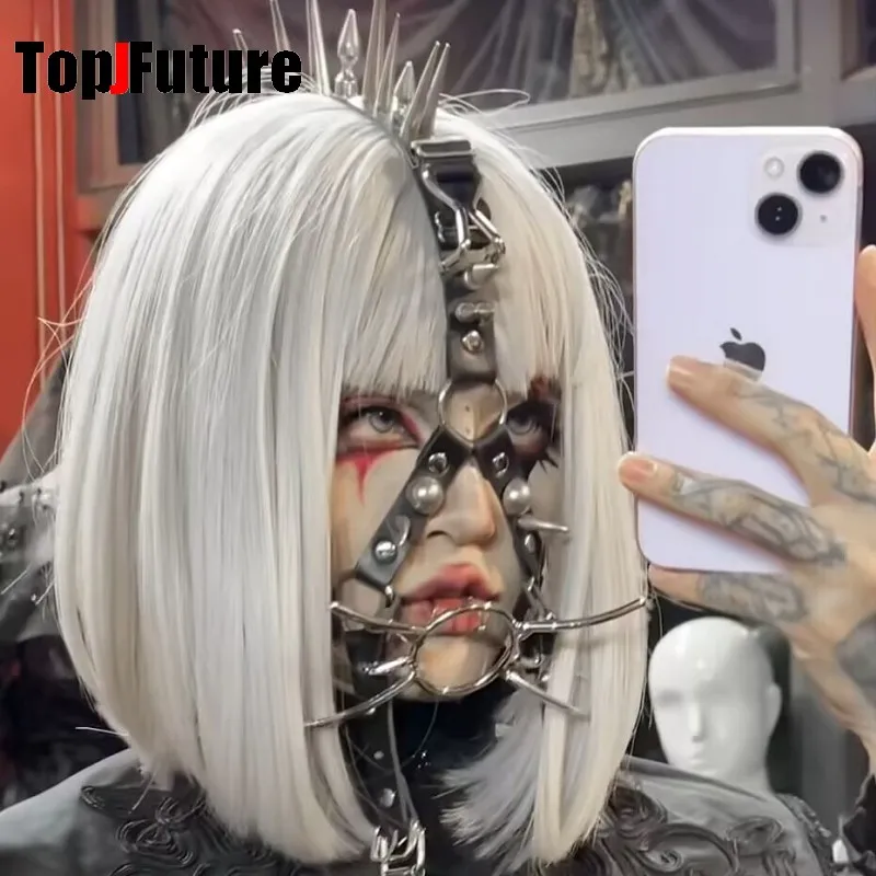 Streetwear Y2k Girl Women Men Gothic Lolita Cosplay Harajuku Punk Steampunk Cross Hairbands Facial decoration rivet Spike Mask view 2