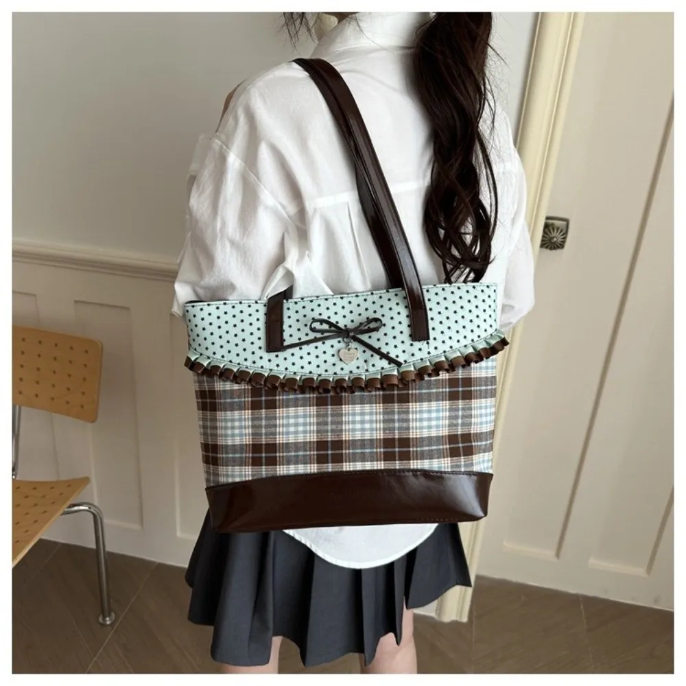 

Trend Mint Green Lace Plaid Tote Bag Bowknot Polka Dot Shoulder Bag Cloth Large Capacity Patchwork Handbag Casual