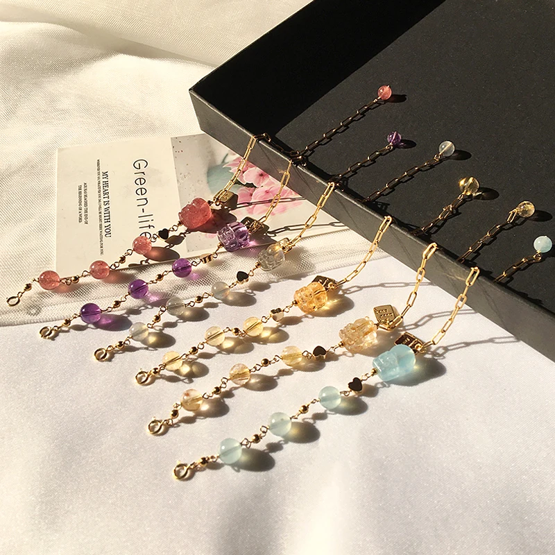 

14k Gold Filled Natural Moonstone/Aquamarine/Amethyst/Citrines/Strawberry Crystal PIXIU Bracelets for Women Female Fashion Bead