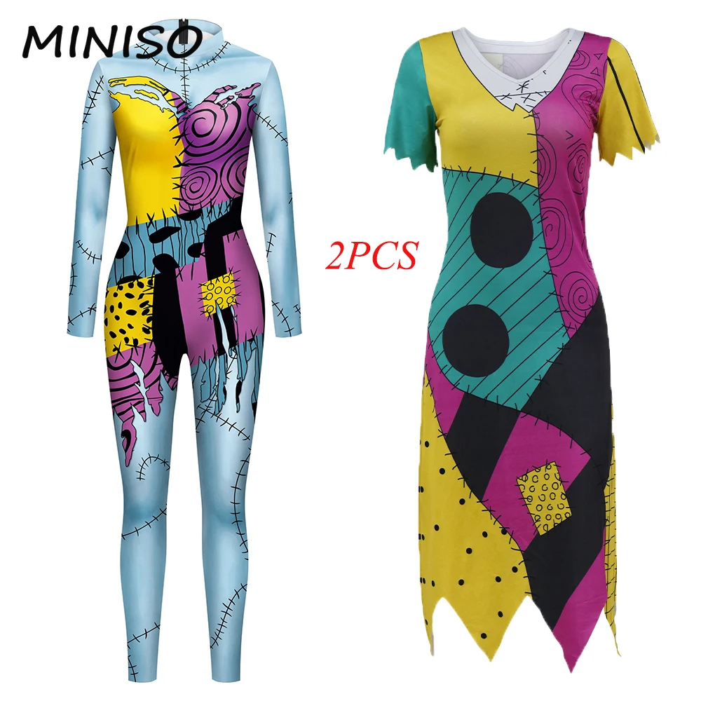 MINISO Halloween Movie Sally kostium zestaw przebranie na karnawał Party kobieta kombinezon Catsuit Zentai body gotyckie sukienki legginsy