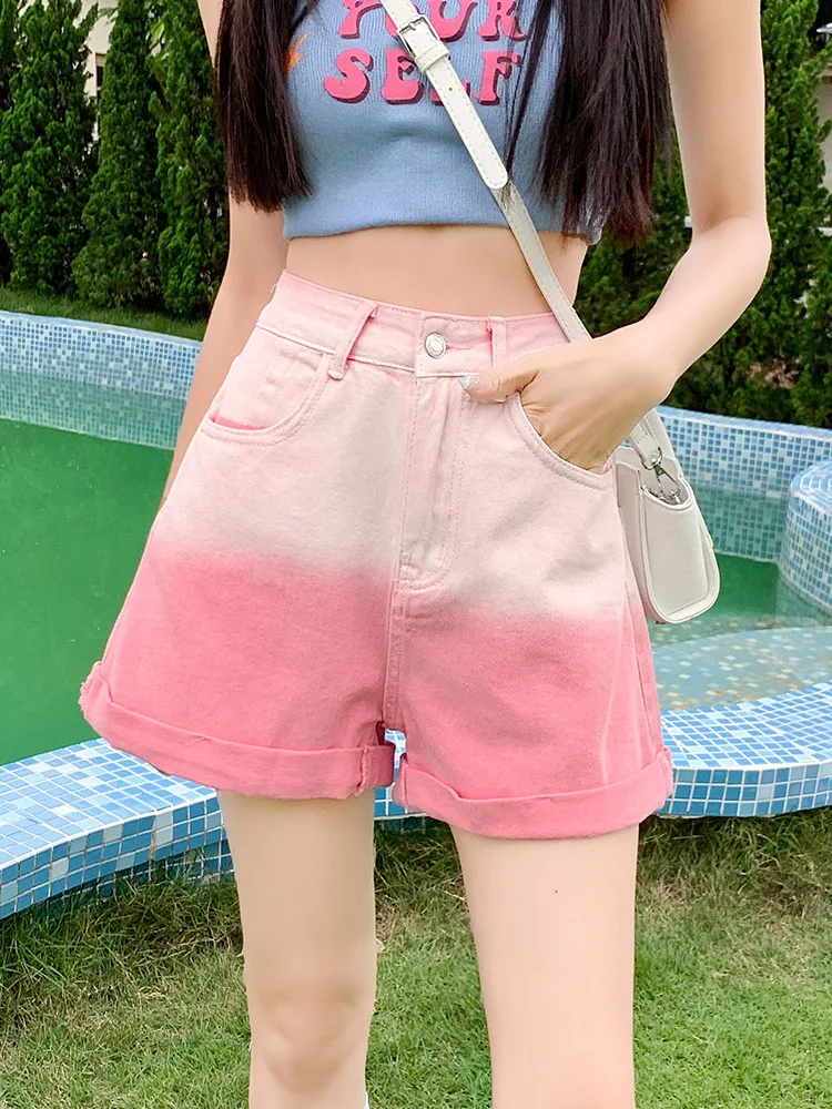 

Gradient Pink Denim Shorts 2023 Summer New Women's Loose A-Line High Waist Slim Wide Leg Personality Fashion Trendy Shorts