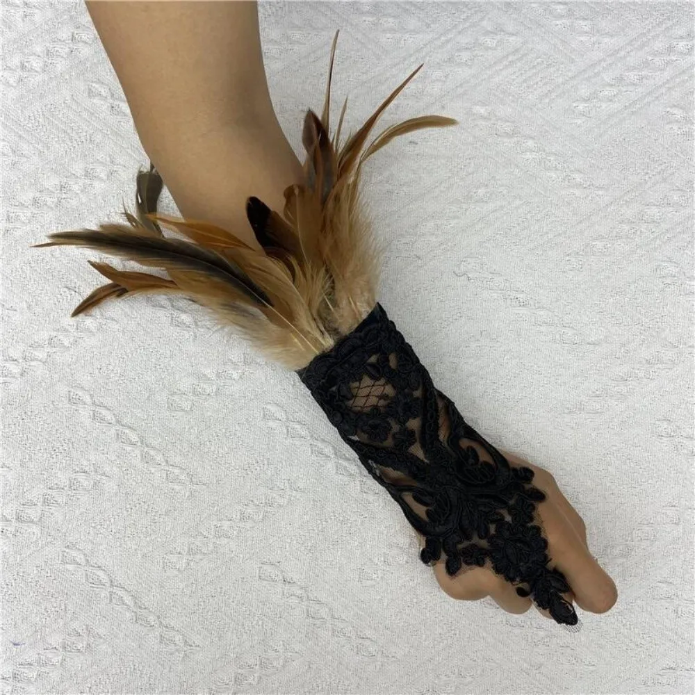 Creative Wristband Halloween Feather Gloves Embroidery Retro Feather Lace Glove Dark Gothic Women Halloween Cuffs Ball