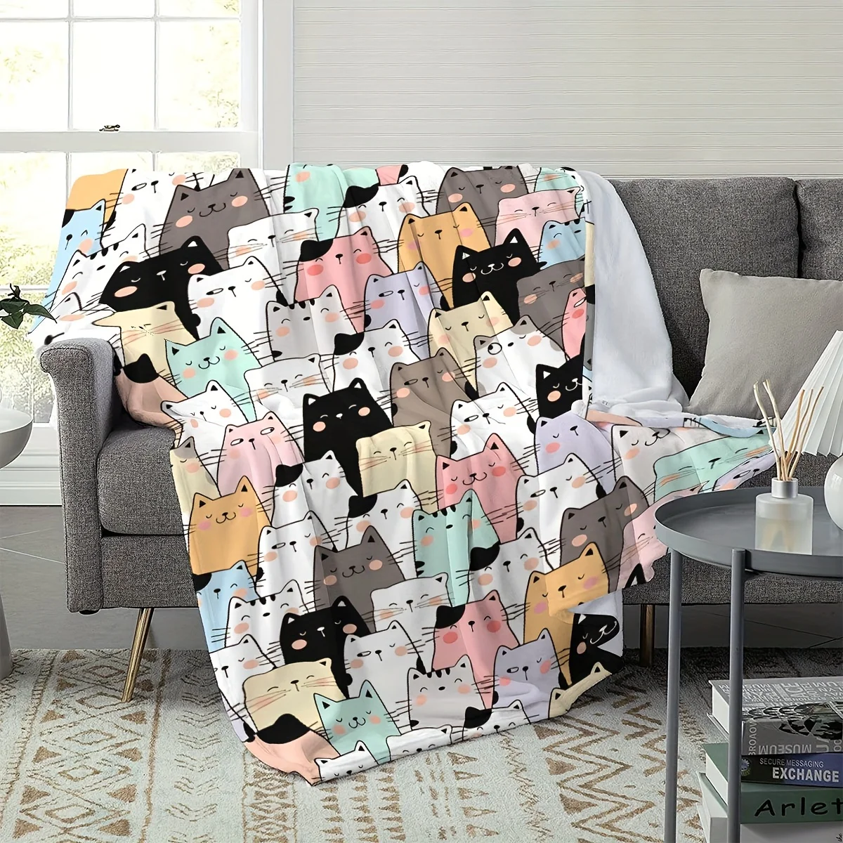 Cozy Cat & Sheep Pattern Fleece Blanket - Soft, Reversible Men & Women - Perfect Gift for Valentine's, Teacher Appreciation