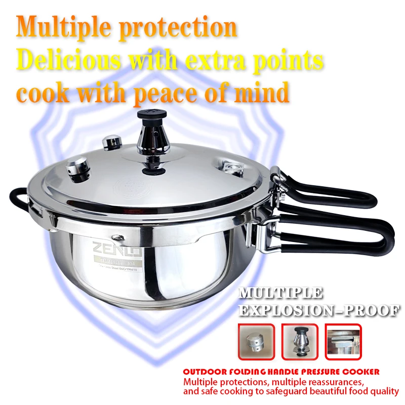 Portable Folding Handle 304 Stainless Steel Pressure Cooker Outdoor Hiking Plateau Quick Cooking 1.8L Short Mini Pressure Cooker