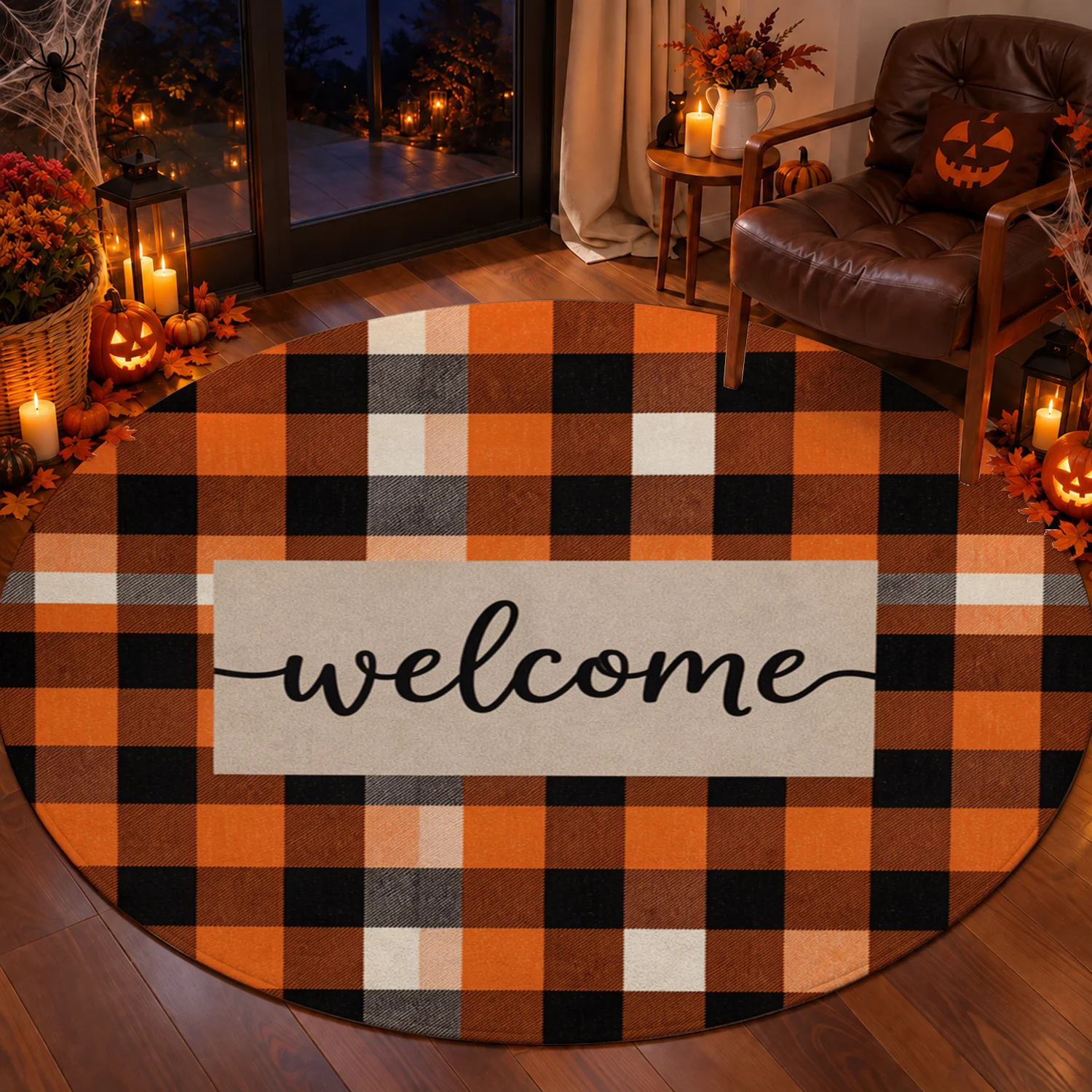Buffalo Plaid Round Welcome Doormat Soft Velvet Machine Washable Stable Placement Ideal for Entryway Patio Kitchen Living Room Halloween Thanksgiving Christmas New Year Black Friday