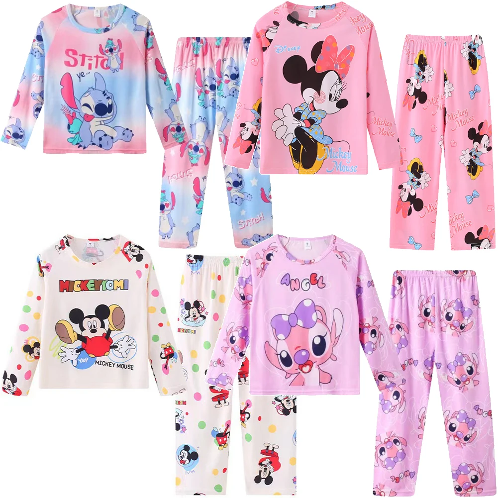 2pcs/set New Disney Stitch Children Pyjamas for Boys and Girls Sets Kid Minnie Home Wear Travel Casual Sleepwear Suit Cute Gift