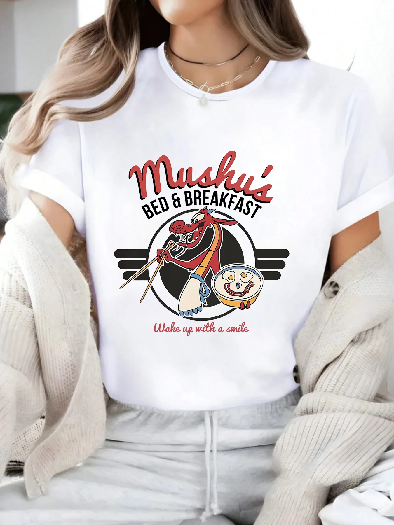 

Dragon Eating Noodles Round Neck Womens T-shirt Short Sleeve Fashion Printing Half Sleeve Shirt Stretch T-shirt