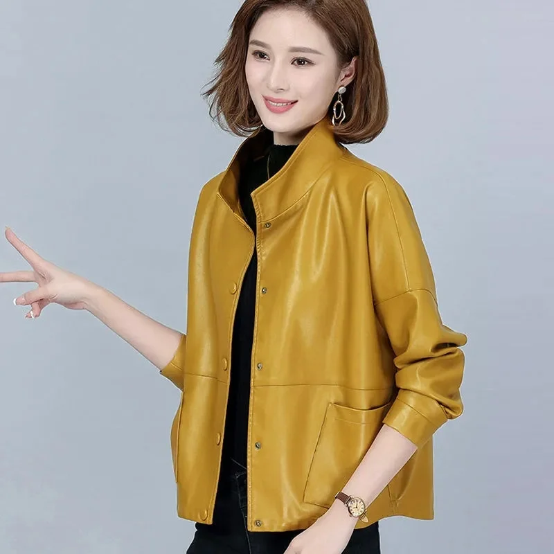 Jaket kulit domba wanita, Luaran longgar Semua cocok kulit PU imitasi, mantel pendek Musim semi musim gugur 4XL