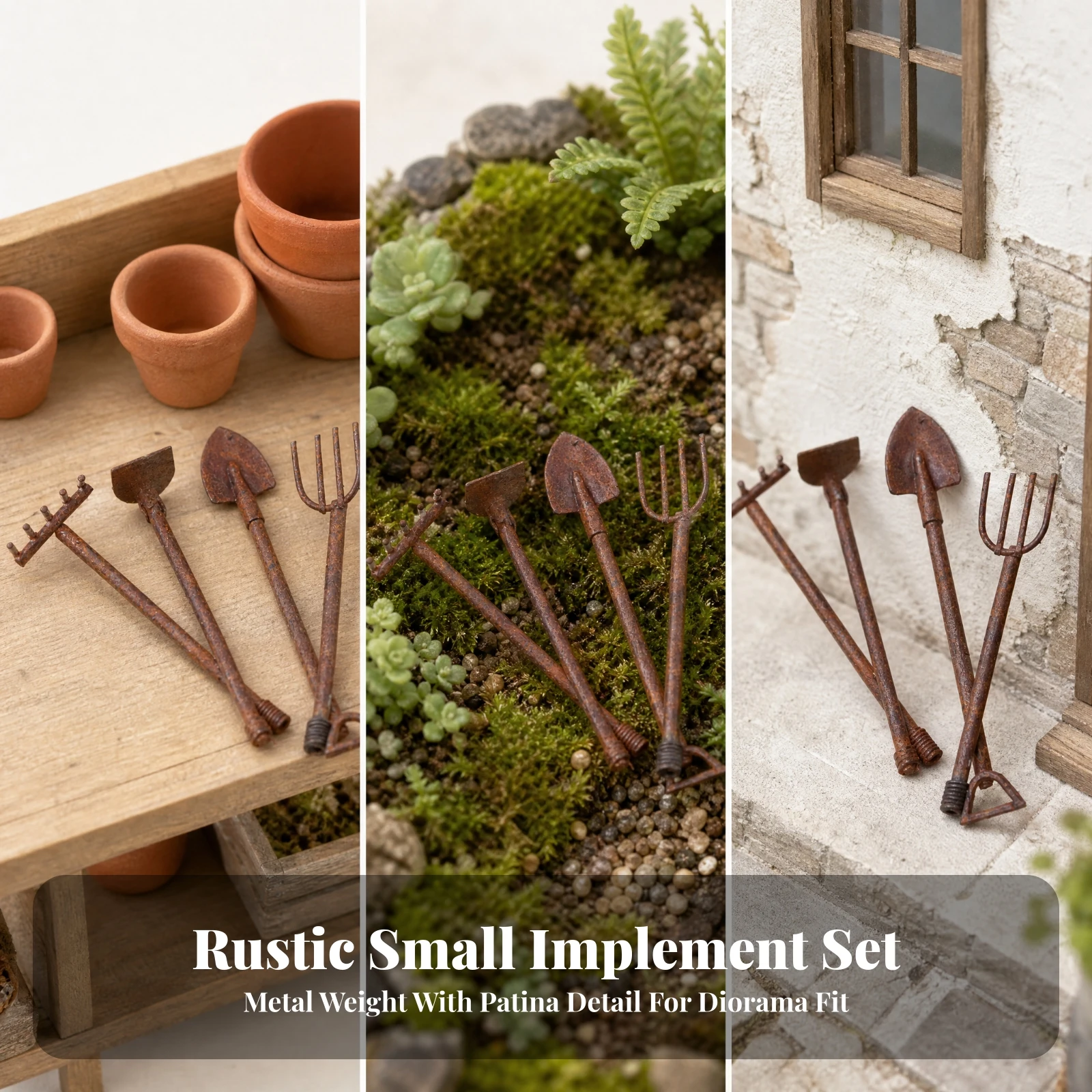 4 Pieces Miniature Metal Garden Tool Set Weathered Dollhouse Garden Tools Mini Shovel Set Whimsical for Diorama Builders
