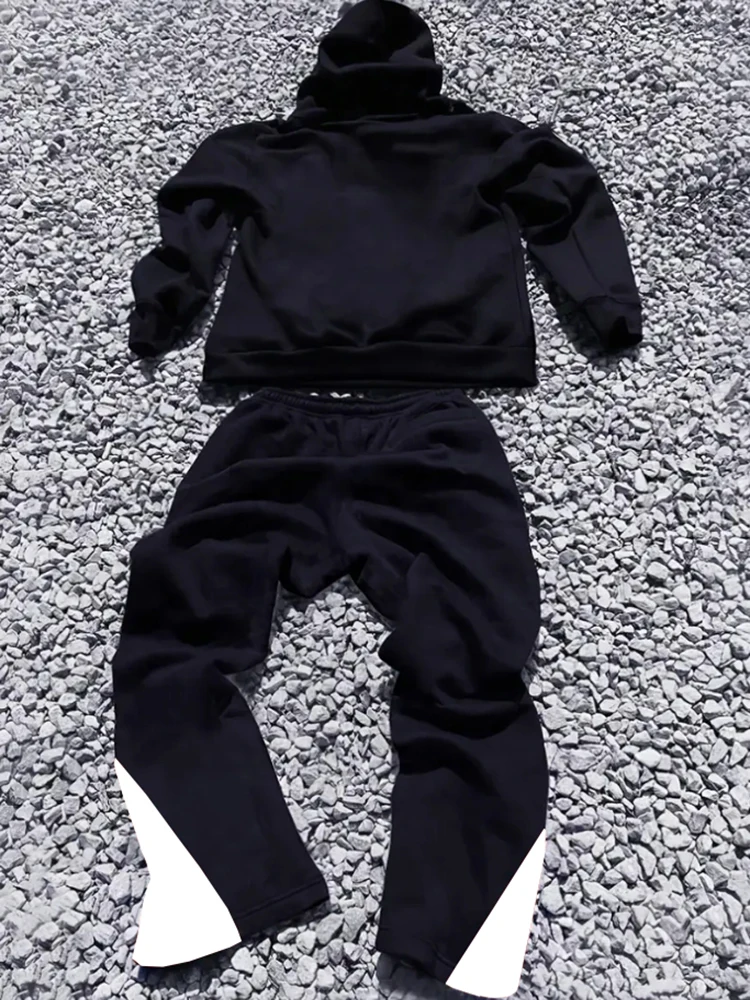 Men's Street - style Casual and Stylish Hooded Set with Black - and - White Color Blocking and Los Angeles Alphabet Print