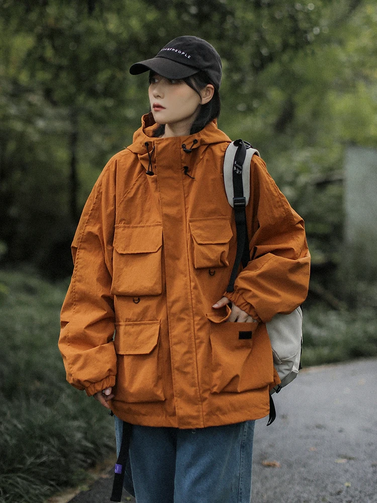 Street Style Women's Workwear Jacket Multi-Pocket Waterproof Outdoor Spring Early Season Hooded Cardigan Trendy Long Sleeve Z...