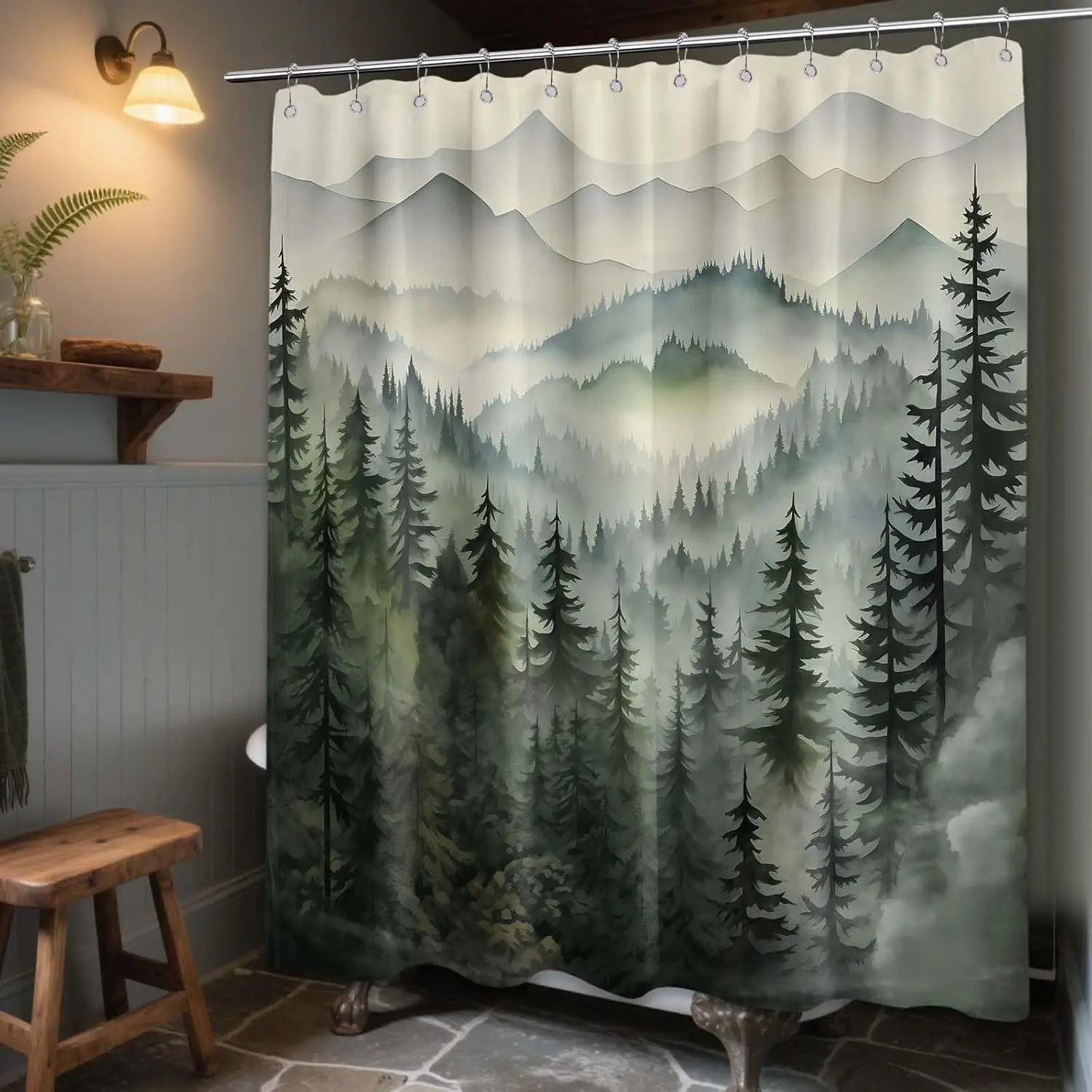 Foggy Forest with Pine Trees Shower Curtain Mountain Landscape Scenery Nature Print for Bathroom