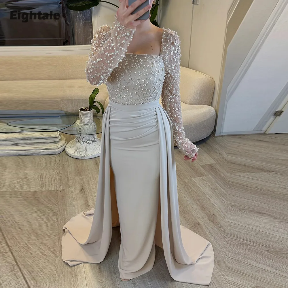 

Eightale Arabic Evening Dress Customized Strapless Sequin Champagne Long Sleeves Mermaid Prom Wedding Party Gown Robes De Soirée