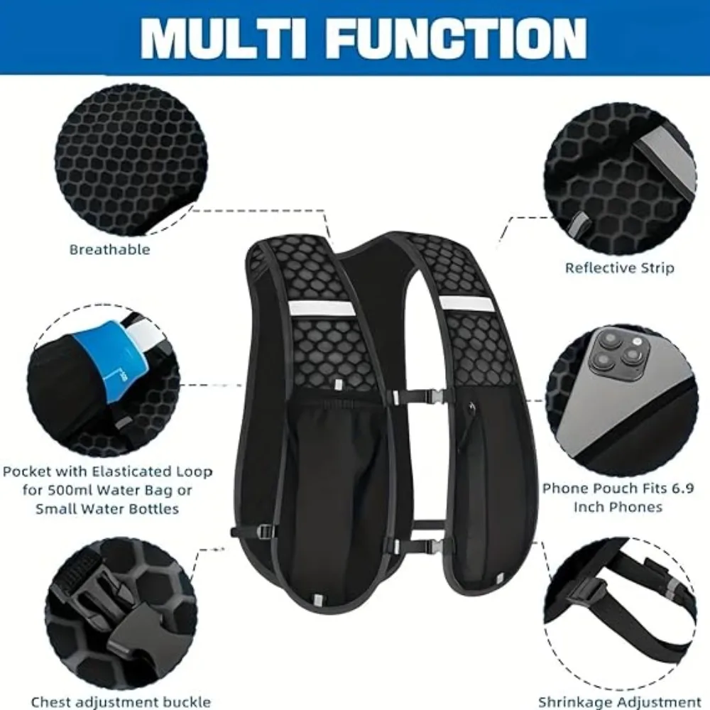 Running Vest,Hydration Vest with Water Bottle Holder and Zipper Phone Pocket, Lightweight Breathable Reflective Running Vest