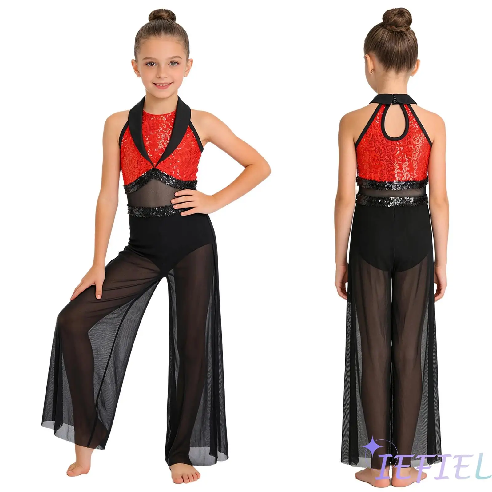 

Kids Girls Jazz Dance Jumpsuit Sleeveless Shiny Sequin Patchwork Mesh Bodysuit Gymnastics Modern Dance Outfit Lyrical Dancewear