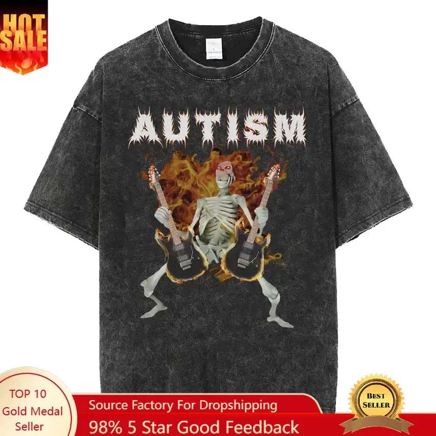 

Autism Skeleton Meme T Shirt Humor Funny Skull Men Women Women Fashion Hip Hop T-shirt Short Sleeve Oversized Vintage Washed T-s