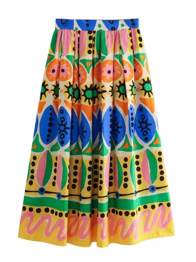 

Women New Fashion Pleated design Printed loose Midi Skirt Vintage High Waist Back Zipper Female Skirts Mujer 7685/024