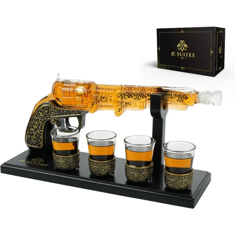 Luxury Gun Decanter with 4 Shot Glasses, Gift Box, & Funnel - Cool Unique Whiskey Decanter Sets for Men & Women - Crystal Glass