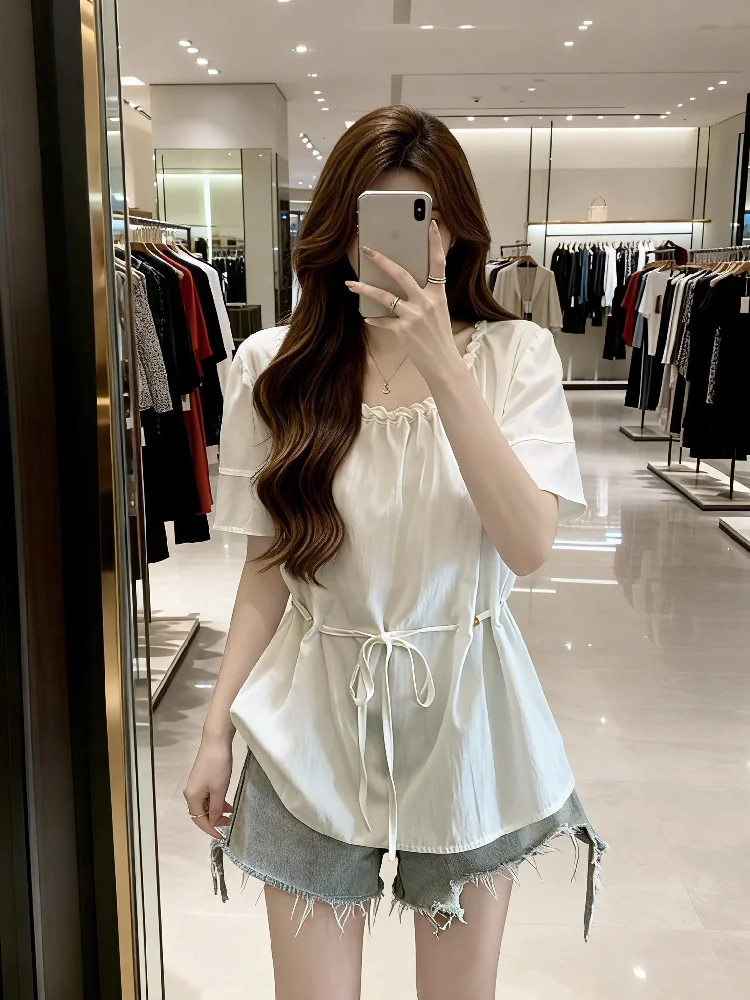 

Женская блузка больших размеров с круглым вырезом, декорированная бисером, с присборенной талией и рукавами-фонариками, модная, стройнящая, летняя новинка в корейском стиле