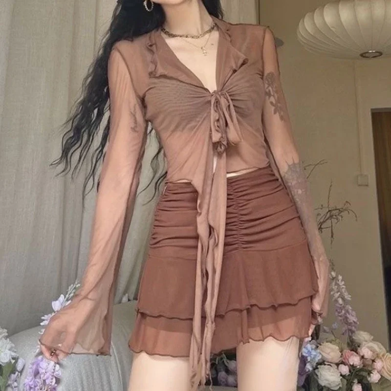Nice Long Flare Sleeve Blouses For Women Lace-up Mesh Sexy Sweet Hot Girls Korean Fashion Style All-match Solid Design Elegant C