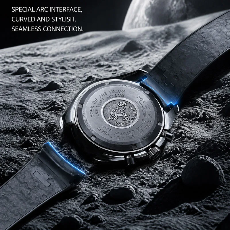 For Omega Super Moon Dark Side Apollo 8 311 Moon Phase Racing Chronograph Curved Rubber Watch Strap 21mm