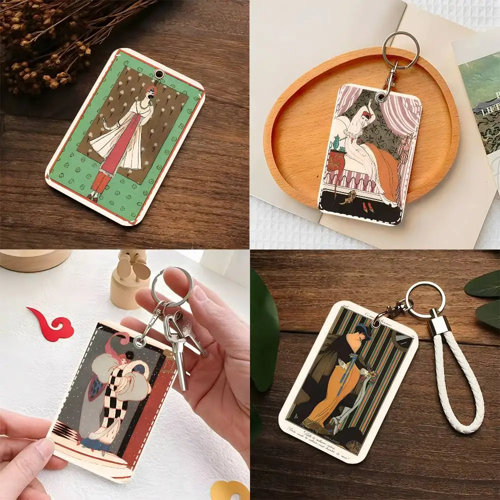 1pc Vintage French Deco Art Illustration Card Case Keychain Access Card Bag Key Tag Ring Leather Card Holder Key Ring Access