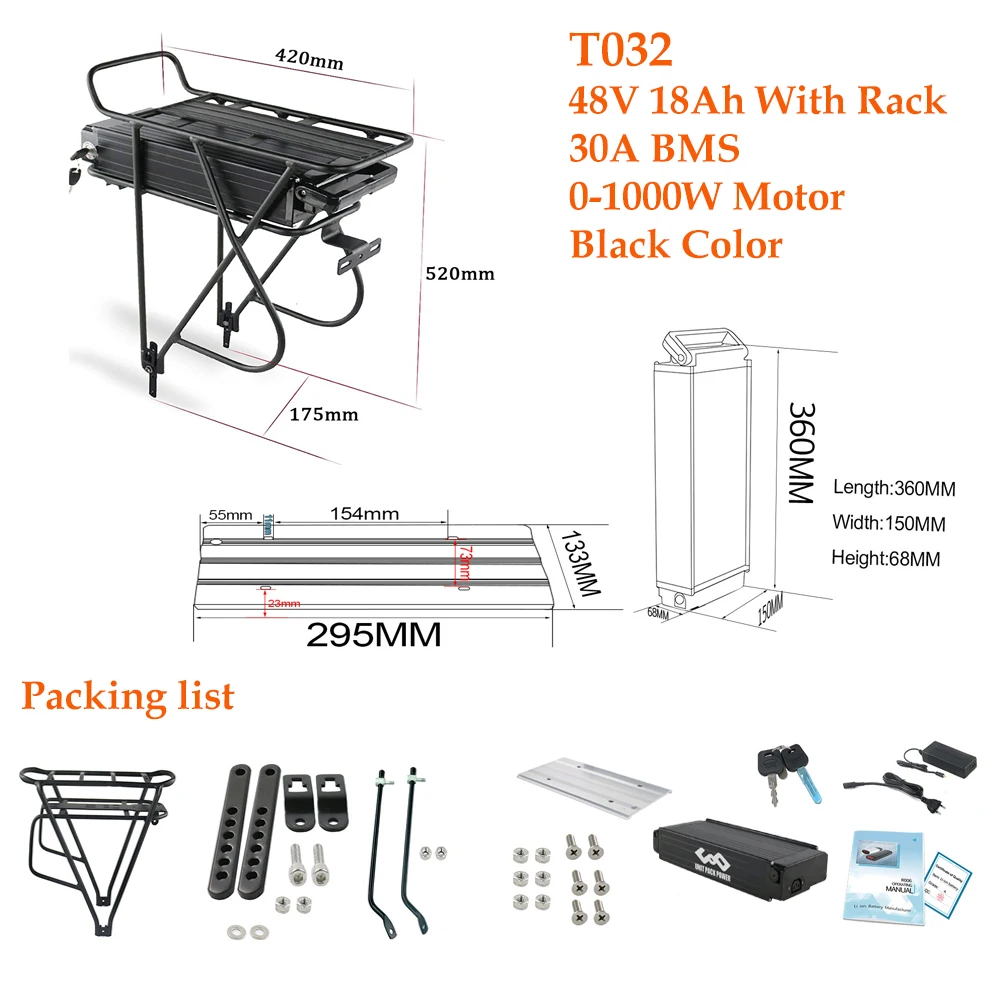 48V 27AH Gepäckträger 36V 19,2AH 15Ah 17,5Ah Lithium Leistungsstarker elektrischer Fahrrad-Akku für 1500W 1000W 750W 500W 350W – Detail 9