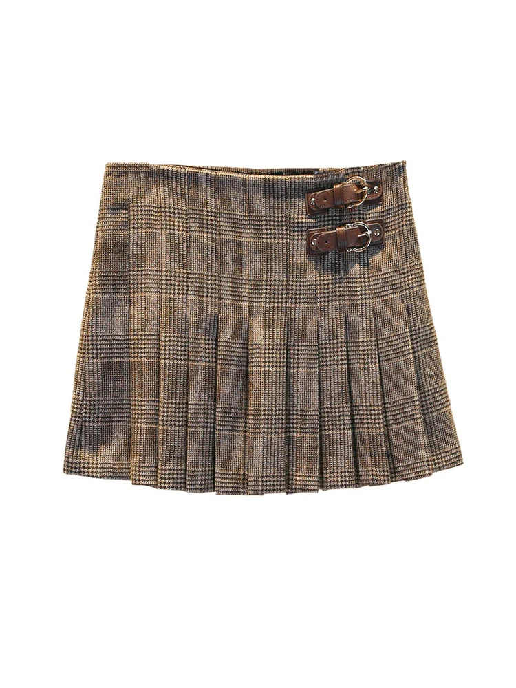 تنورة قصيرة مطوية عالية الخصر من إم هوم نان يو بنمط مربعات صغيرة على طراز الكلية للنساء من ألياف البوليستر