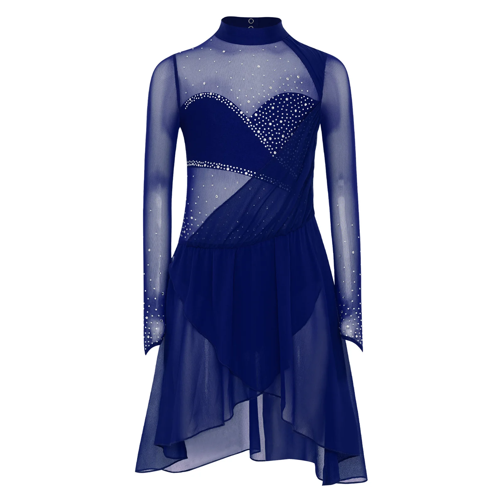 

Kids Girls Figure Skating Dance Dress Long Sleeves Shiny Rhinestones Sheer Mesh Irregular Hem Leotard Dress Gymnastics Dancewear