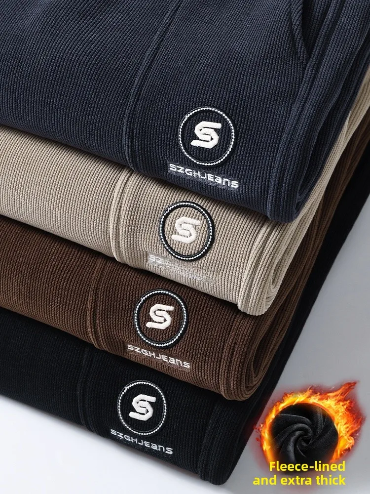 

Thiened Fce Men's Casual Pants Loose Fit Warm Comfortable Faionable Nine-Piece Cuffed Straight Leg Autumn Winter Trousers