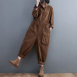 Solid Jumpsuits Women Long Sleeved Loose Harajuku Straight Pants Lace-up Waisted Workwear Korean Style Casual Vintage Playsuits