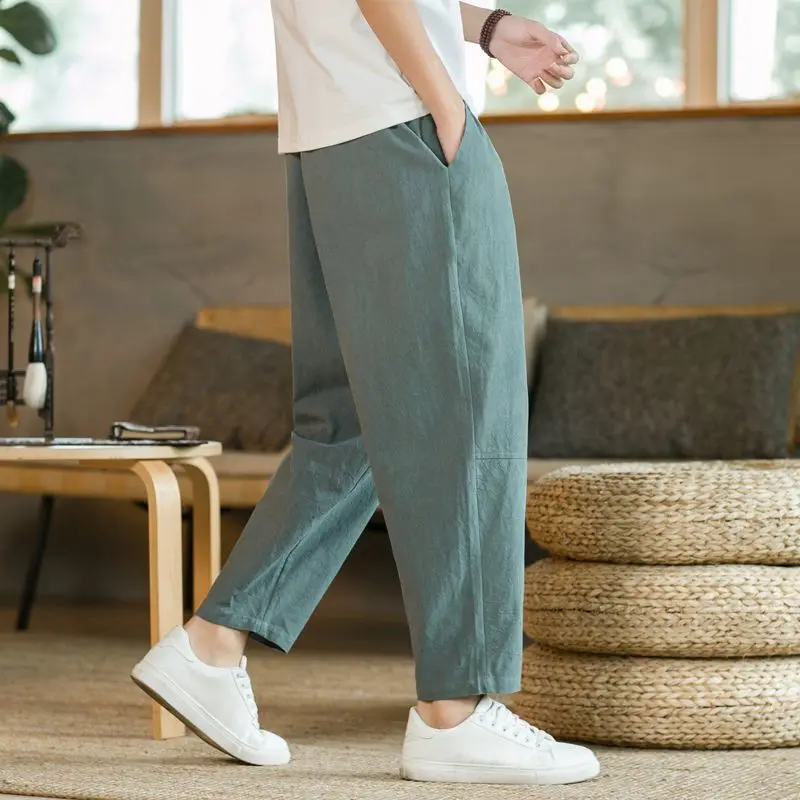

Men's Casual Cotton Linen Wide Leg Harlan Pants Thin Summer Straight Tube Long Trousers High Elastici Nine Points Pants