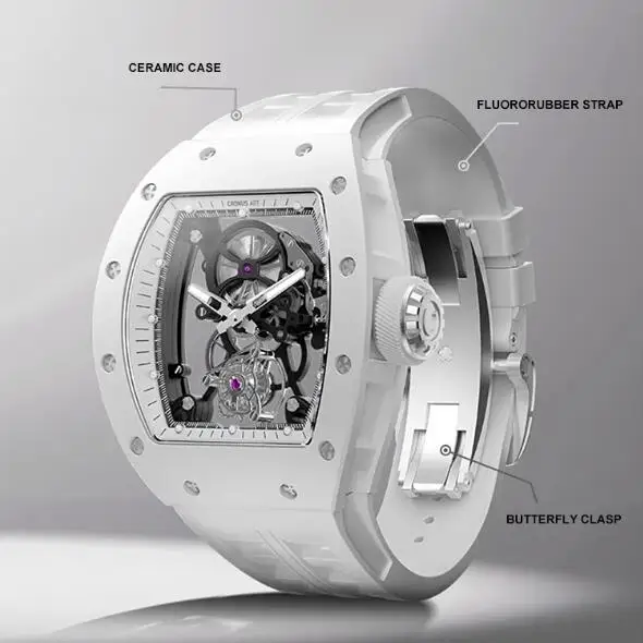 CRONUSART Männer Tourbillon Uhr Tonneau Mechanische Armbanduhr 5Bar Keramik Gehäuse Leucht Fluororubber Strap Saphir Spiegel
