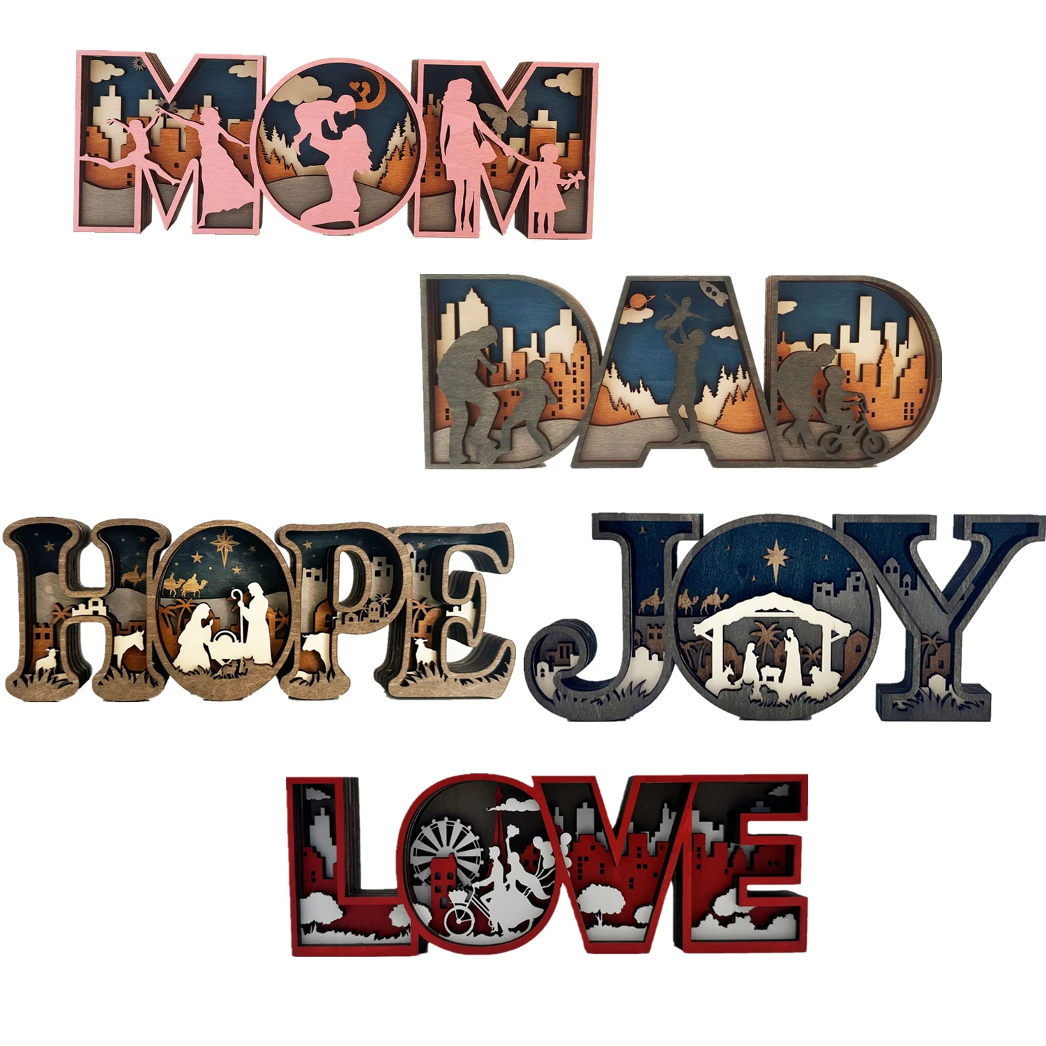 3D Wooden Ornament HOPE LOVE DAD MOM JOY-Multi-Layer Carved Sign Home Desk Shelf,Perfect Gift Christmas Birthday Office & Family