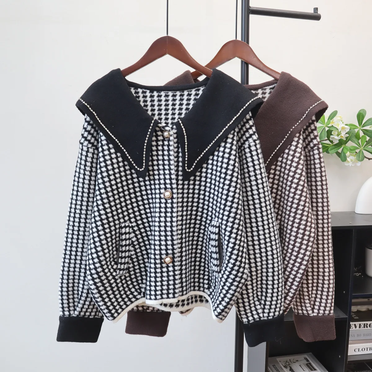 

Women Knitted Wool Cardigan Houndstooth Jumpers Peter Pan Collar Long Sleeves Single Breasted Loose Casual 2025 Autumn Winter