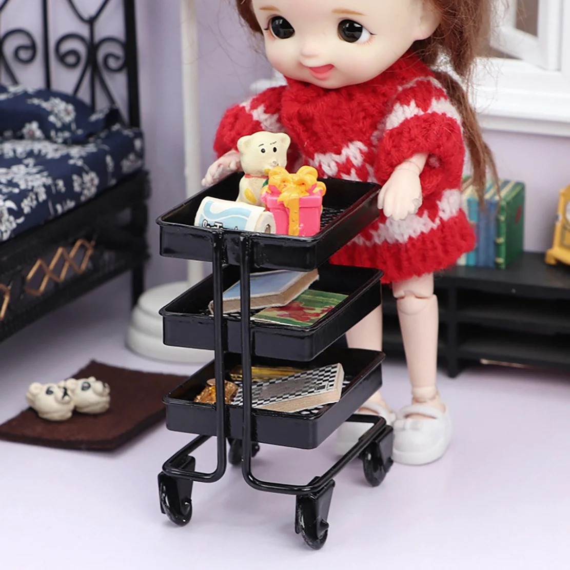 1/12 Scale Miniature Dollhouse Rolling Cart Storage Organizer Mini Kitchen Furniture Dollhouse Accessories,Black