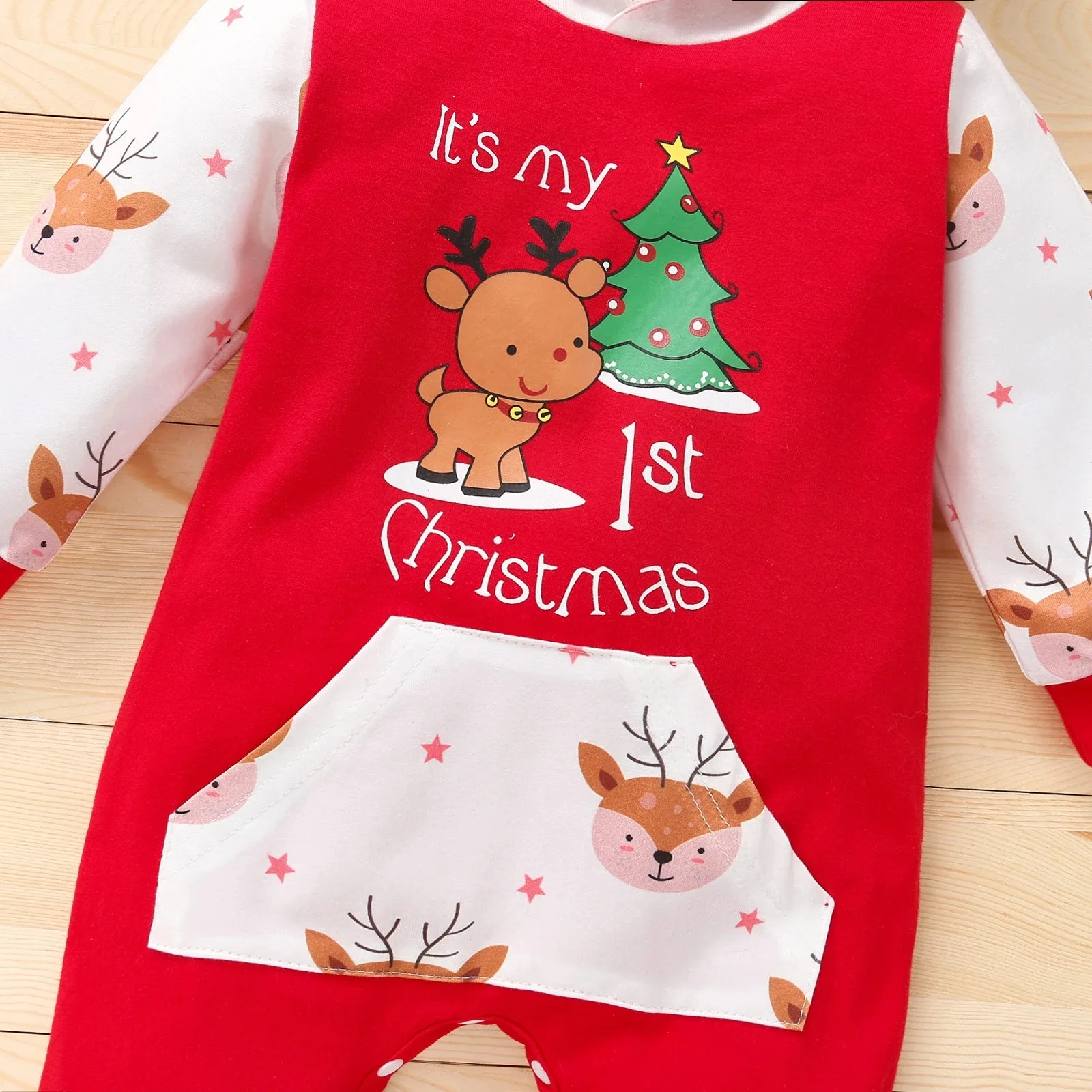 Autumn Baby Girl Deer Print Christmas Jumpsuit Long-Sleeved Front Patch Pocket Hooded Jumpsuit