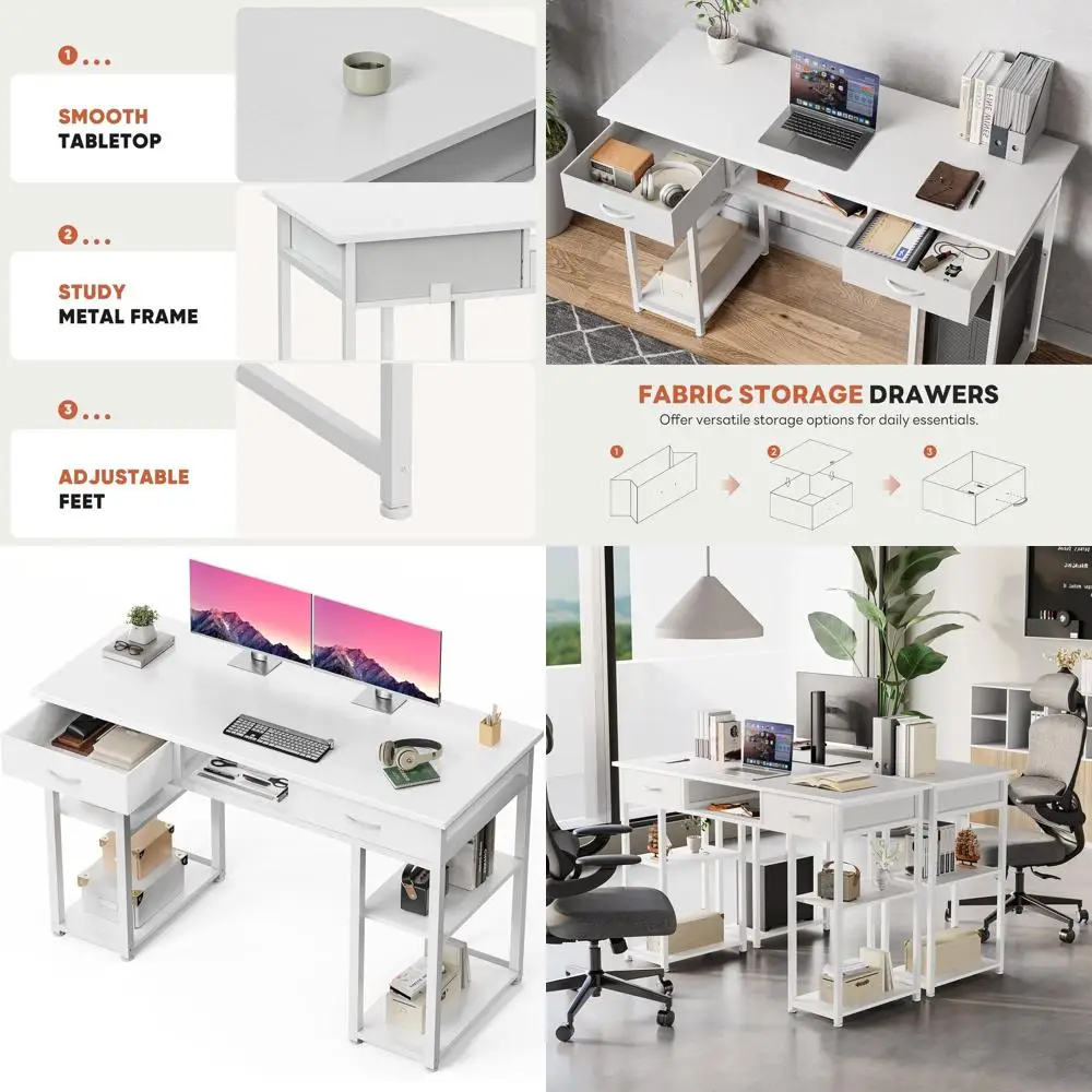 

48" Small Computer Home Office Desk for Bedroom with Drawers, Gaming Writing Study Table with Storage Shelf, Adjustable Feet, Me