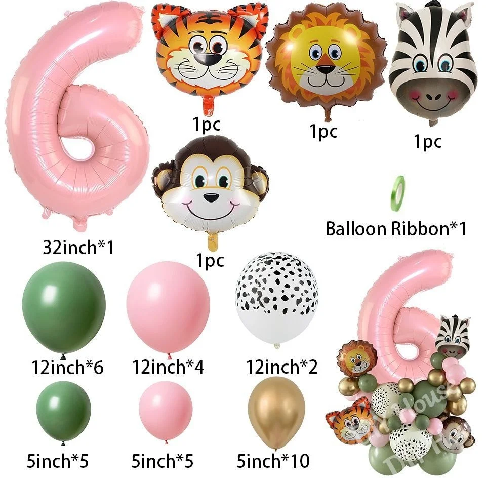 1set Animal Themed Party Balloon Tower for Girl\'s Jungle Forest Birthday Party Decorations Wild One Pink Balloons DIY Supplies