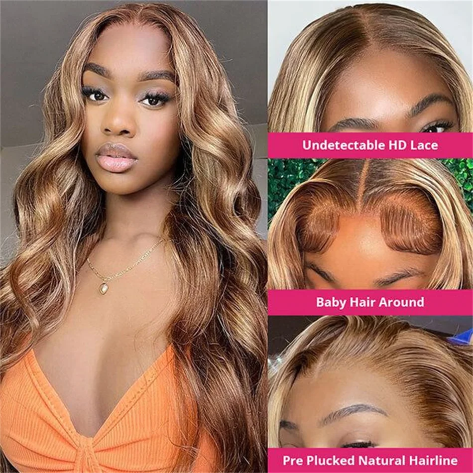 Body Wave Lace Front Wig 32 Inch Highlight Wig Human Hair Malaysian 13x4 Frontal Wigs Hd Honey Blonde Colored Hair For Women