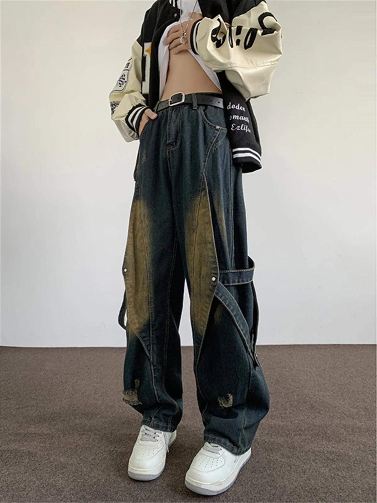 

American Vibe Deconstructed Design Men's Jeans Wide Leg Straight Cut Cool Mosaic Casual Long Trousers Trendy Loose Fit