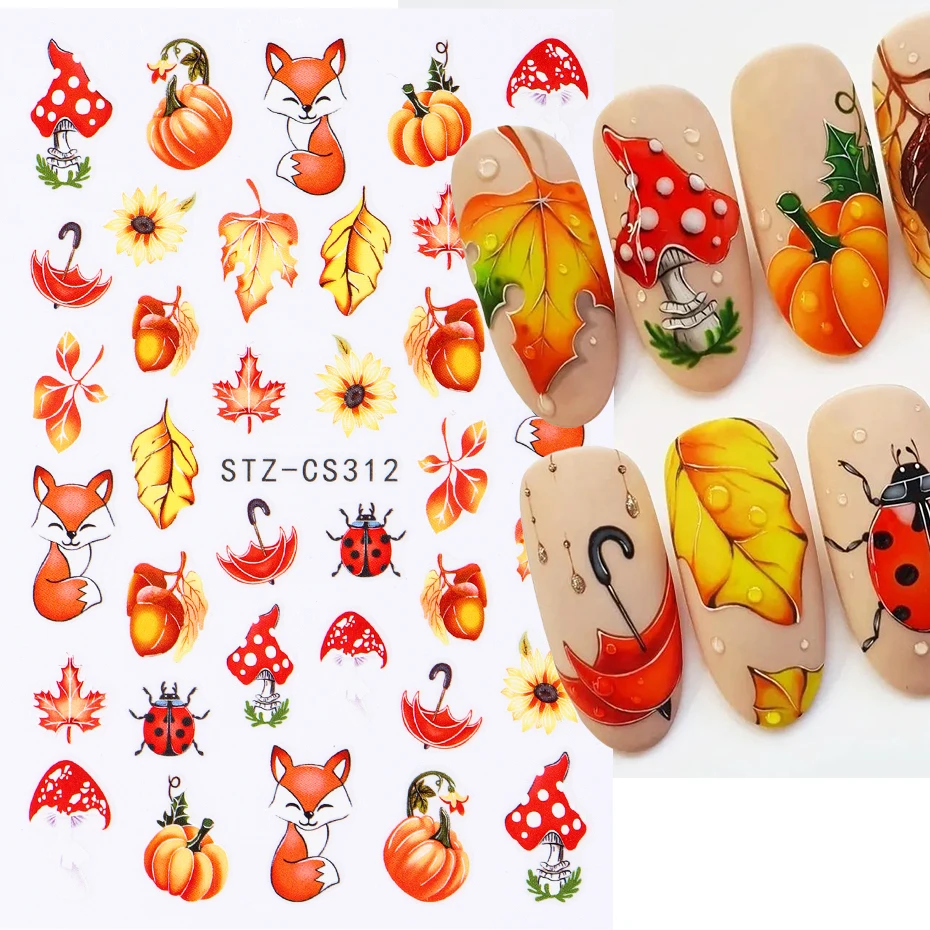 Autumn Leaf Fox Nail Art Stickers Decals Fall Animal Mushroom Pumpkin 3D Adhesive Sticker Slider Manicure Nail Art Decorations