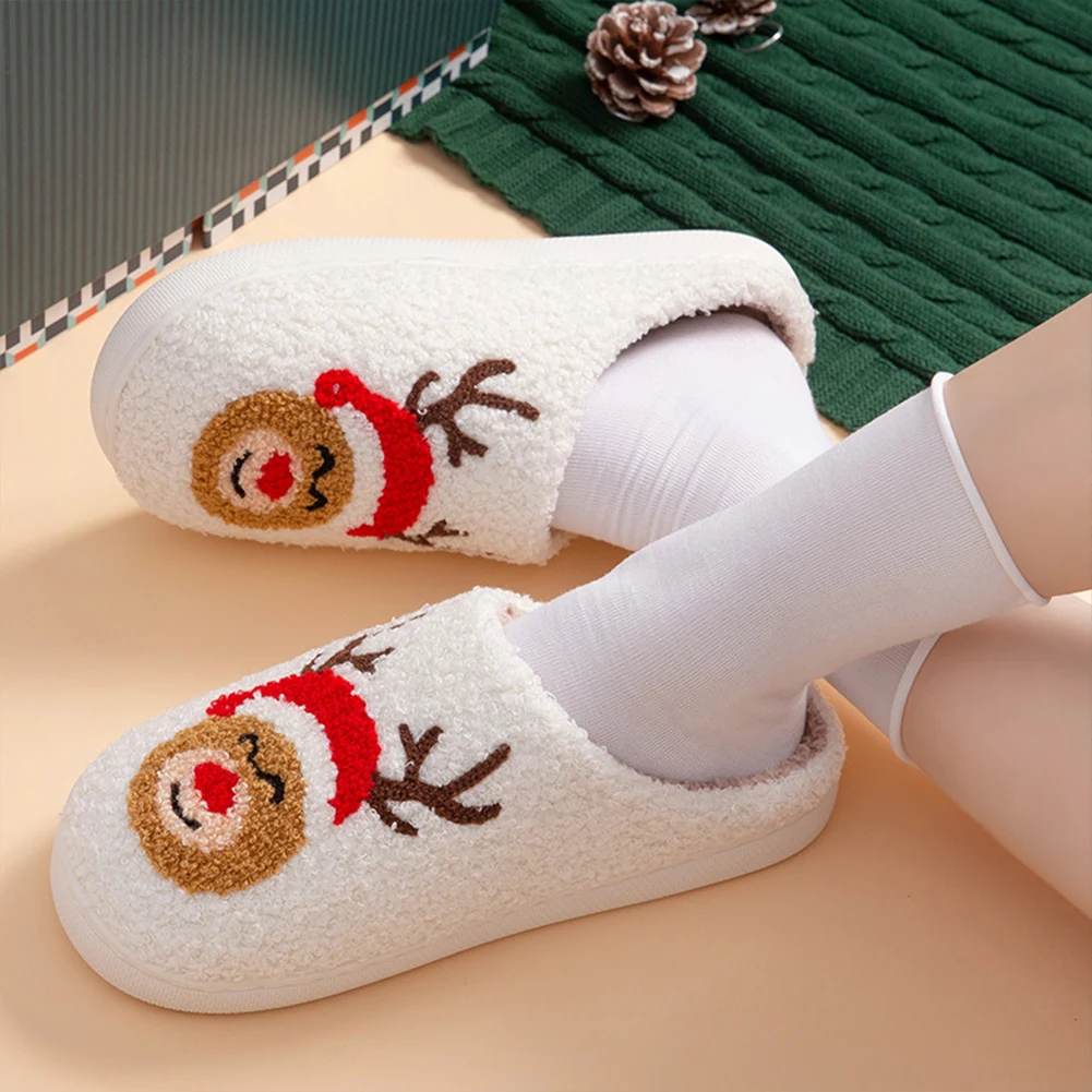 Christmas Elk Plush Slippers Comfortable Warm Slip-on House Shoes Furry Reindeer Slipper Cute Animal Slippers for Indoor Bedroom